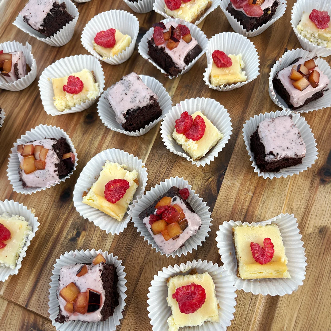 Mini cheesecake bars and chocolate cake bites topped with fresh raspberries and fruit garnish on a dessert display.